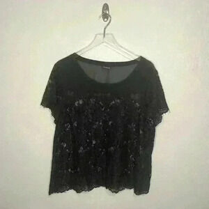 Torrid Black Chiffon Sheer Lace Crop Crew Neck Top 1 1X 14/16